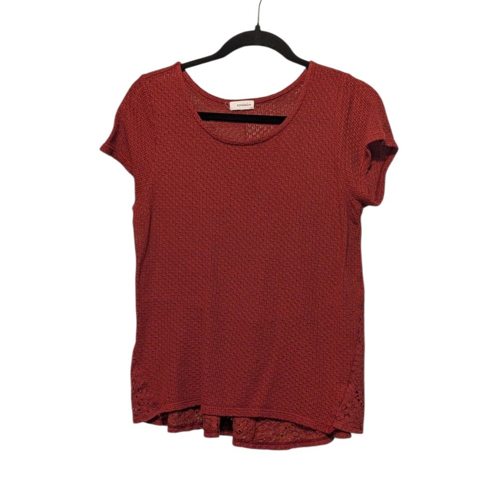 Eyeshadow Womens Rust Red Lace Peplum Back Knit Short Sleeve Top J73569CEPSH